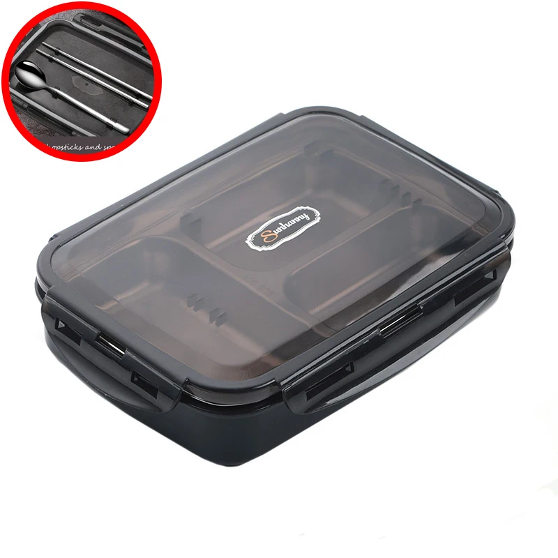 Box Black Sunhanny Портативный Ланч-бокс для детей школы 304 из нержавеющей стали Bento box Герметичный пищевой контейнер с палочки для еды и ложки - Цвет: Box Black