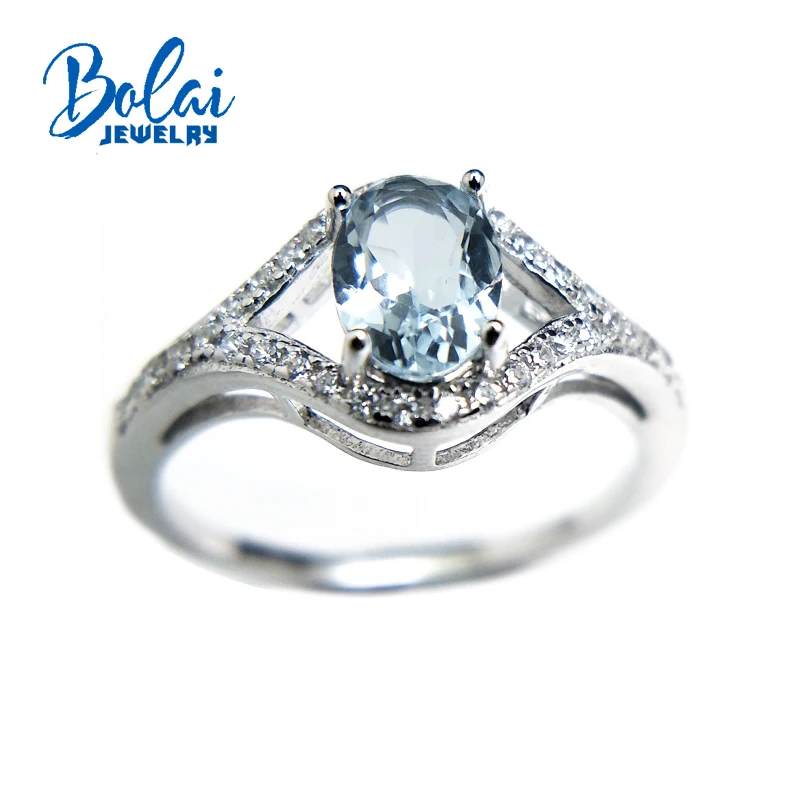 Bolaijewelry, Натуральный аквамарин полудрагоценный камень светлый цвет oval5* 7 мм 0.8ct кольцо 925 стерлингового серебра ювелирные украшения для женщин подарок