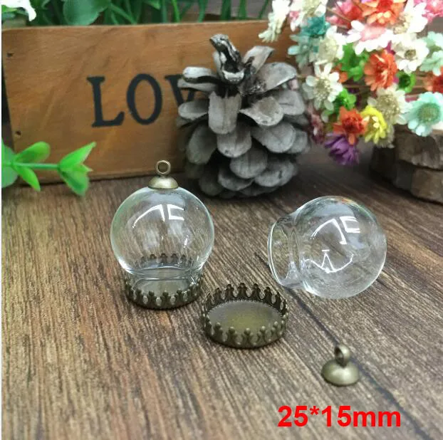 

Free ship!!! 100sets/lot 25*15mm glass globe & crown base & cap finding set glass globe set glass vial pendant glass cover