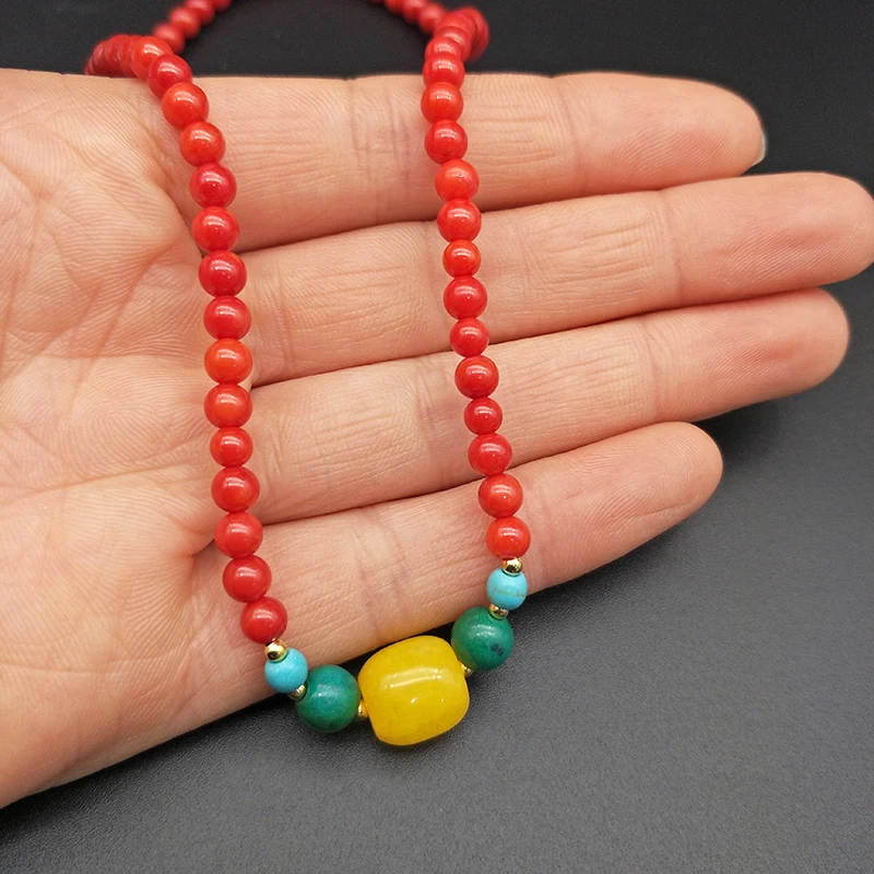Shuangsheng 2019 new 5mm red coral 2 layer bracelet Natural stone and yellow natural beaded bohemian ethnic style religion |