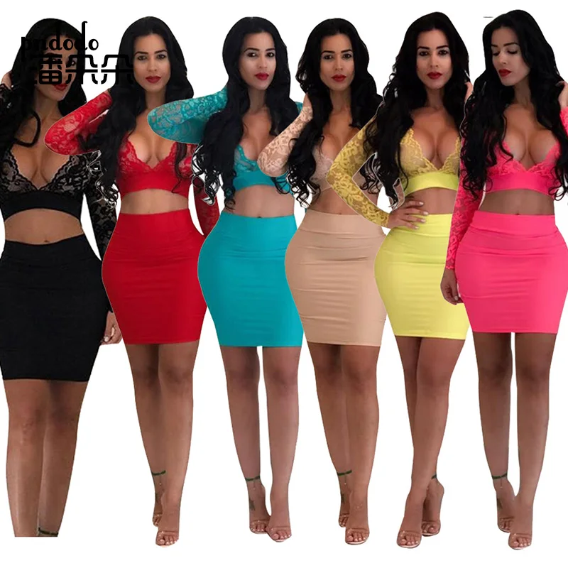 Pndodo Sexy Womens Two Piece Skirt Crop Top Long Sleeve See Through Mesh Lace Party Clubwear 2018 2 Set Bodycon Mini Dress | Женская