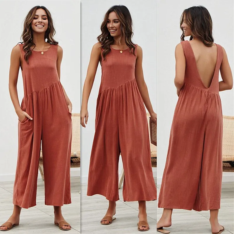 

Plus Size Casual Jumpsuits Womens Summer Sexy Beach Backless Pockets Korean Jumpsuit