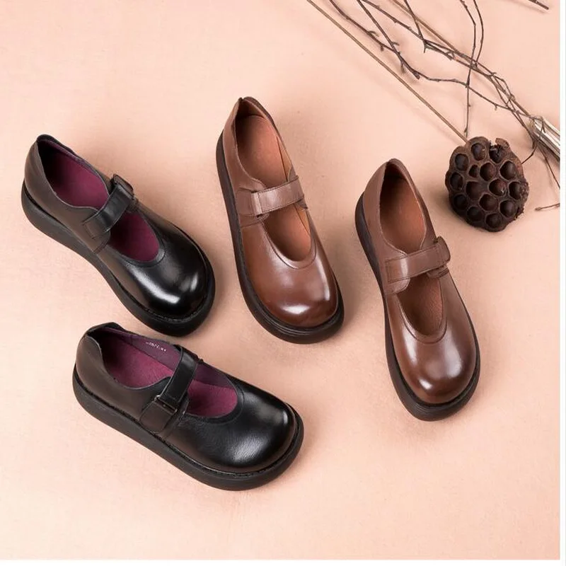 RUSHIMAN Flat Platform Woman Shoe Handmade Genuine Leather Flats literary vintage Soft Comfortable Shoes For Women Ladies Shoes
