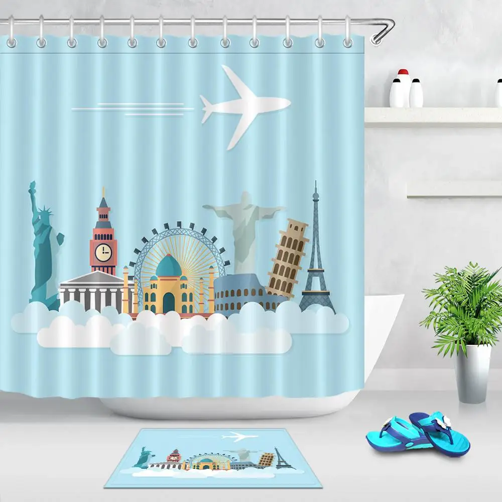 Curtain and mat set LB забавная дорожная архитектурная белая воздушная занавеска для душа пейзаж светло-голубой водостойкий материал для ванной для детской ванной Декор - Цвет: Curtain and mat set