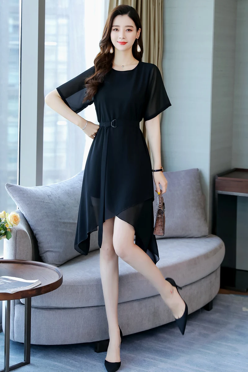 

Good quality summer lady's solid color chiffon dress sexy female casual loose short sleeve asymmetrical dress
