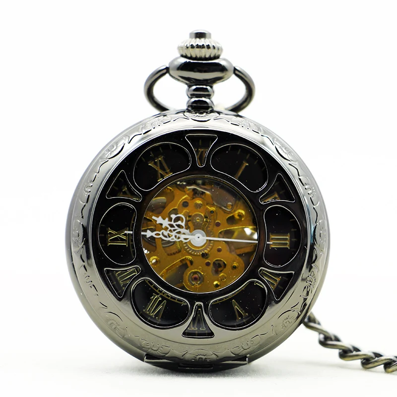 Black Magic Pattern Hollow Quartz Pocket Watch Retro Steampunk Manual Winding Watch Men's Fob Chain Accessories Gift Clock