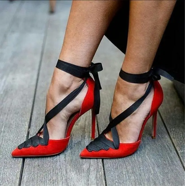 

Red Suede Black Ribbon Lace-up Wedding Shoes Bride Women Stiletto Heels Pointed Toe Cross Strappy Ladies Shoes Mixed Color Pump