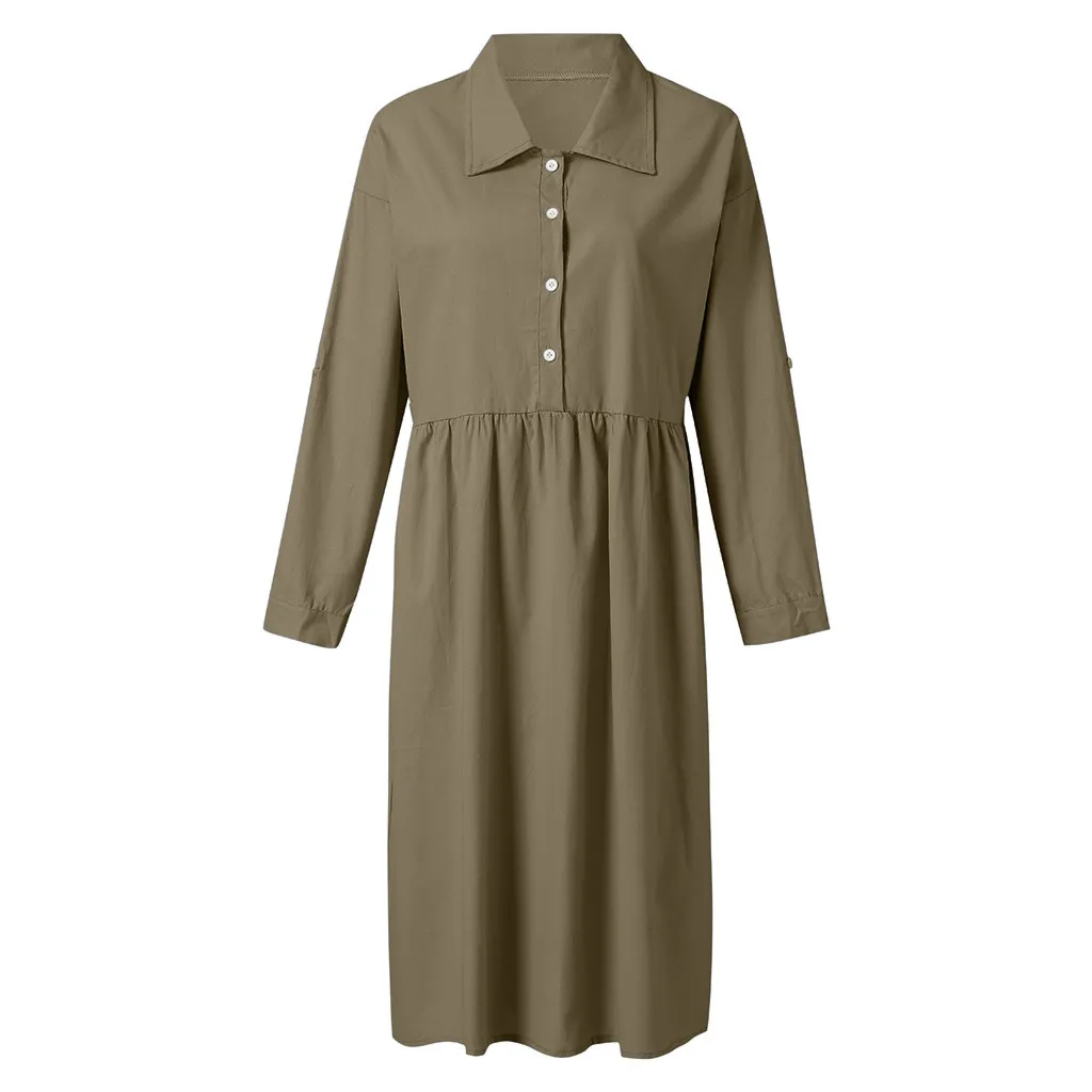 Женское льняное платье свободного покроя с длинным рукавом и воротником на