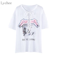 lychee punk summer women t shirt lace up letter print casual loose short sleeve t shirt tee top female