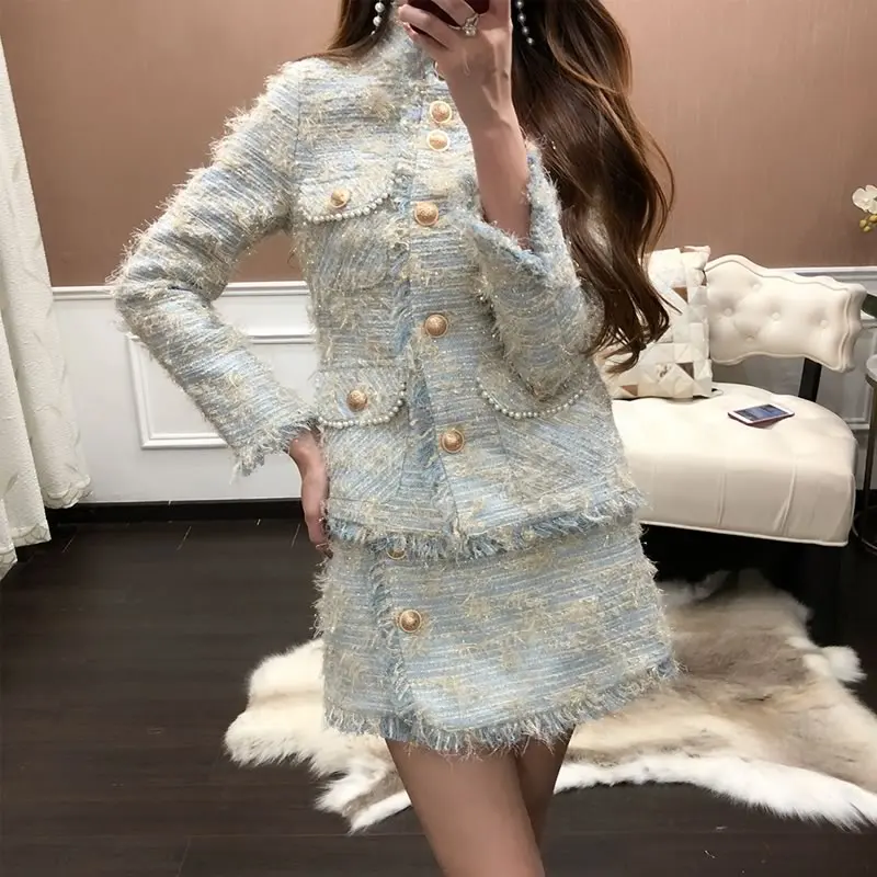 Женская твидовая короткая юбка Осенний офисный комплект из двух предметов