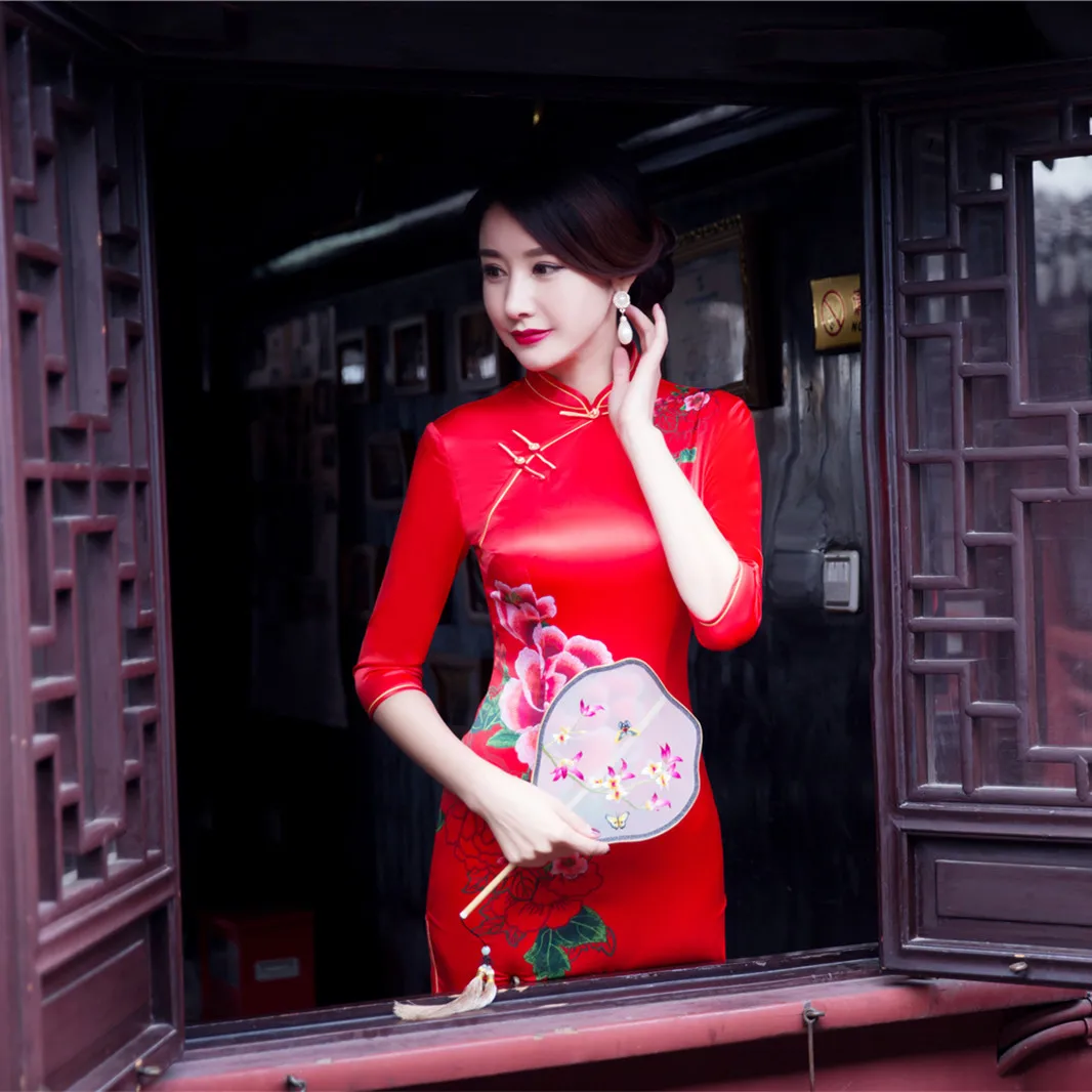 Женское традиционное красное платье Ципао китайское с рукавом для женщин
