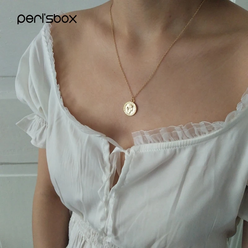 

Peri'sbox Gold Silver Color Round Coin Pendant Necklace for Women Simple Portrait Charm Necklace Dainty Layering Necklaces Gifts