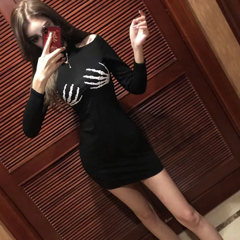 Платья для Для женщин Череп ручной печати Sexy плеча Тонкий одноцветное платье с