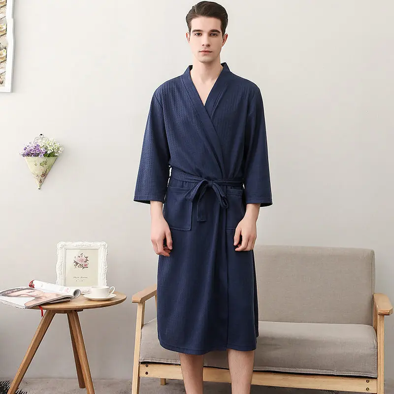 men navy blue Летние вафельные халаты для влюбленных, для мужчин и женщин, кимоно для сосания воды, ночные рубашки размера плюс, купальный халат для спа, 3XL - Цвет: men navy blue