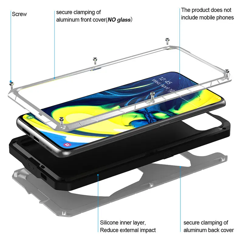 For Samsung Galaxy A80 Phone Case Hard Aluminum Metal Tempered Glass Screen Gift Protector Cover Heavy Duty Protection Cover