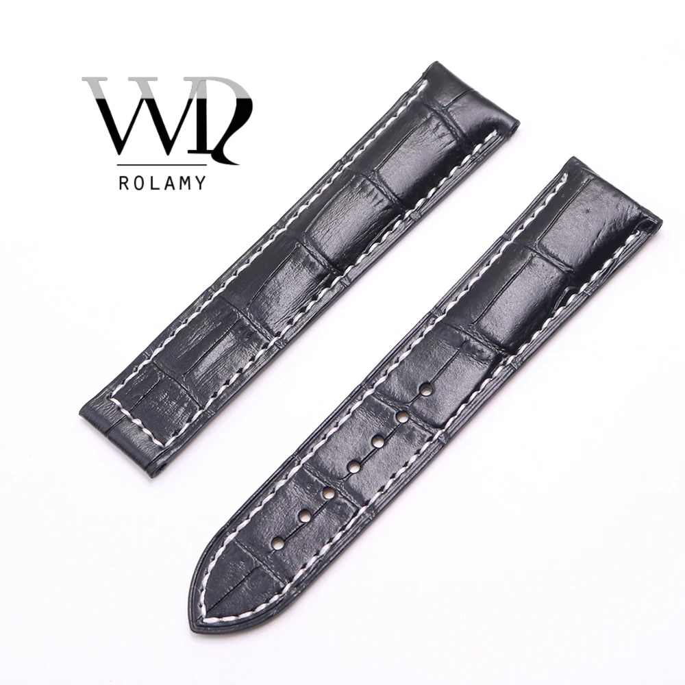 Rolamy 20 22mm Wholesale Black With white Stitches High Quality Genuine Leather Replacement Watch Band Strap Belt For Omega