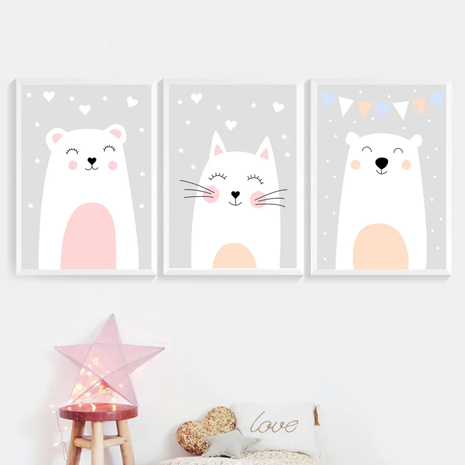 Смайлик медведь кошка Картина на холсте скандинавские постеры и принты