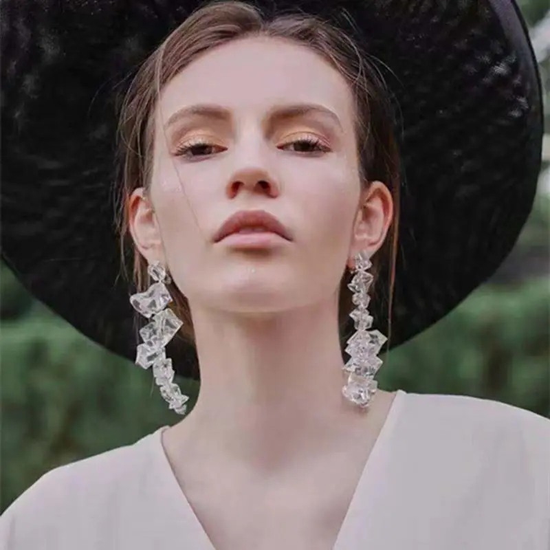 HUANZHI New Irregular Geometric Transparent Crystal Personality Design Long Drop Earrings for Women Girls Jewelry Gifts