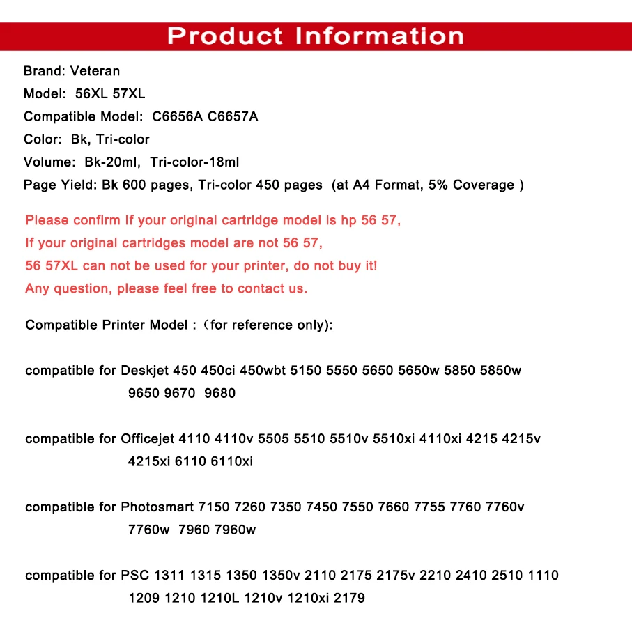 Чернильный картридж Veteran 56 57 xl для hp C6656a Deskjet F4180 5150 450CI 5550 5650 9650 PSC 1315 2110
