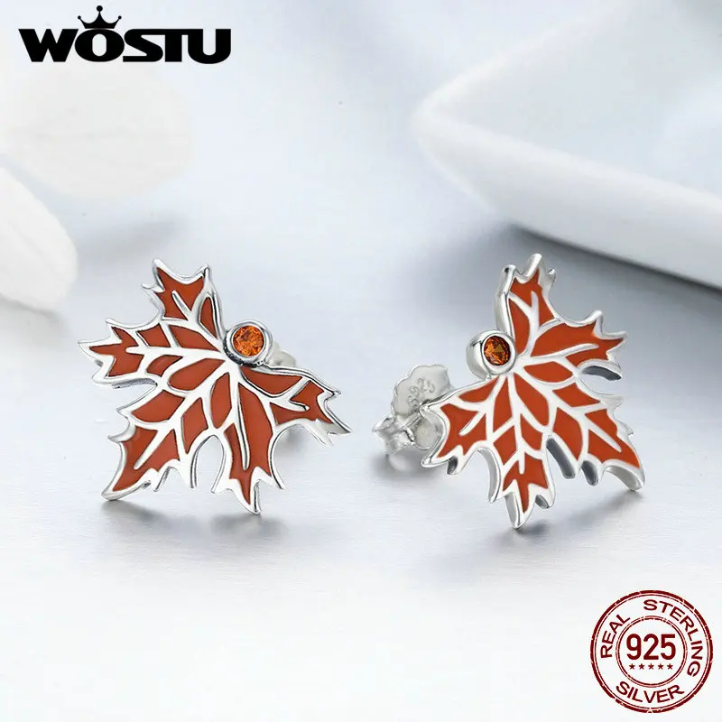 WOSTU 100% Серебро 925 пробы осенние серьги-гвоздики с кленовыми листьями для женщин