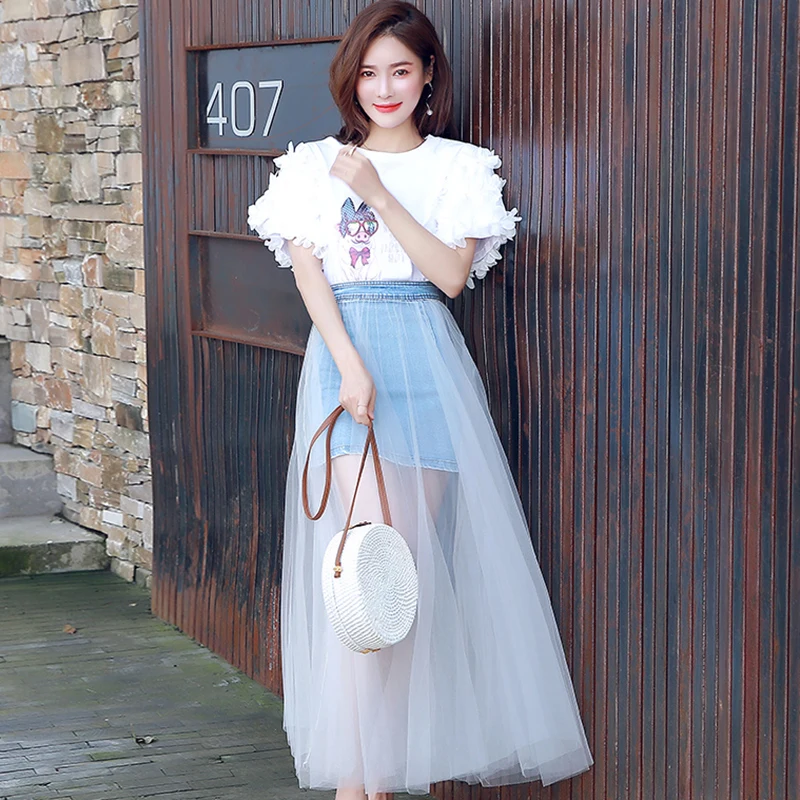 Женская длинная сетчатая юбка комплект из 2 предметов с пышными рукавами 3D