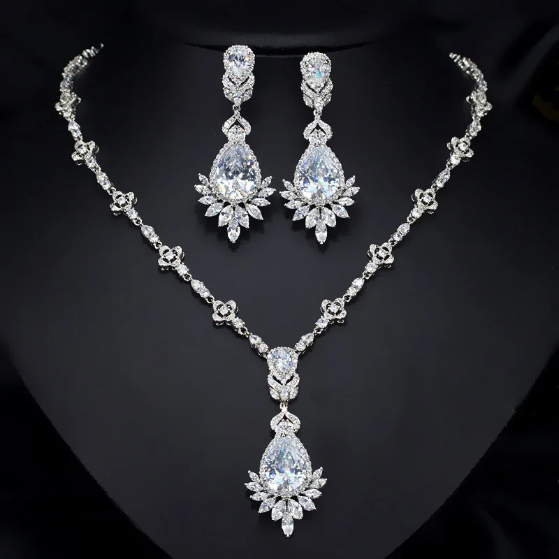 CWWZircons AAA Качество кубического циркония серьги с большой подвеской Королевского синего цвета, Свадебные вечерние серьги ожерелье ювелирные украшения набор для Для женщин T064 - Окраска металла: white