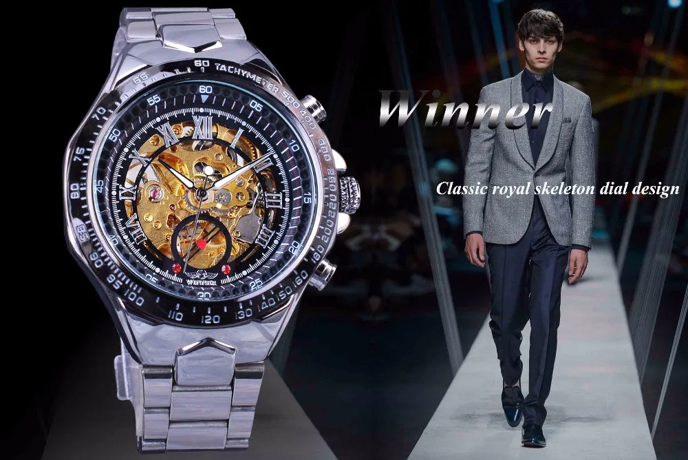 Top Brand Luxury Automatic Wristwatch Winner Classic Series Golden Movement Inside Silver Stainless Steel Mens Skeleton Watch