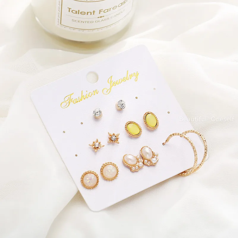 Rhinestone Pink Gold Imitation Gem Metal Round Earrings 6 Pairs 2019 New Pearl Women Jewelry Gifts | Украшения и аксессуары