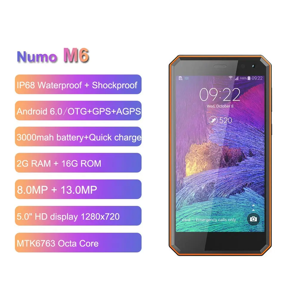 Nomu M6 IP68 водонепроницаемый смартфон 5 0 &quotHD MTK6737 четырехъядерный 13.0MP 1280x720 селфи