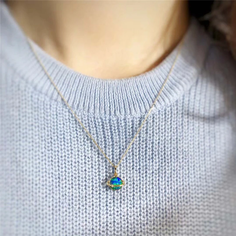 

Aazuo 18K Yellow Gold Opal Necklace Round Natual Blue Opal Diamond Pendents Gifted for Women Valentine's Day Gift Link Chain
