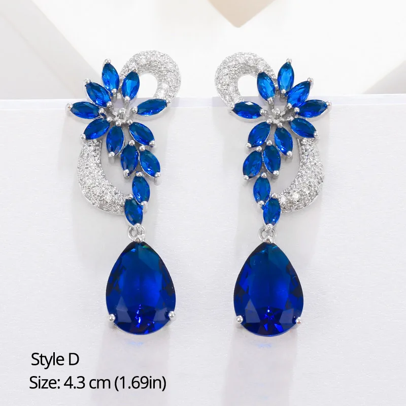 Style D BeaQueen листья цветок каплевидный кубический циркон Королевский ЮВЕЛИРНЫЙ Большой темно-голубой фианит длинные свисающие свадебные серьги для женщин E293 - Окраска металла: Style D