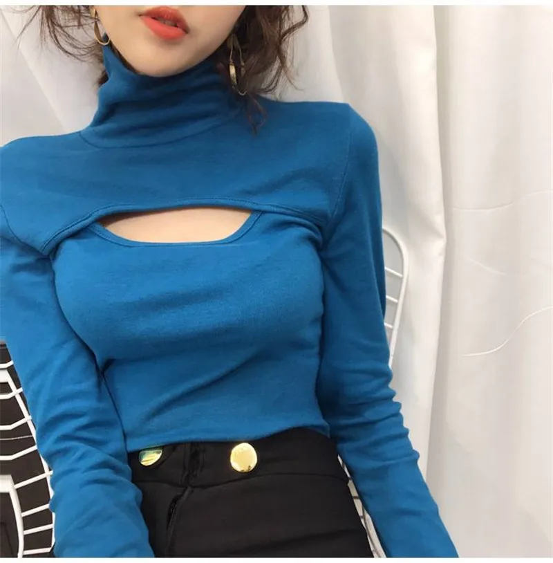 blue t shirt Neploe Сексуальная Открытая тонкая футболка с длинным рукавом Водолазка женская футболка сплошной цвет джемпер модные женские топы 38328 - Цвет: blue t shirt