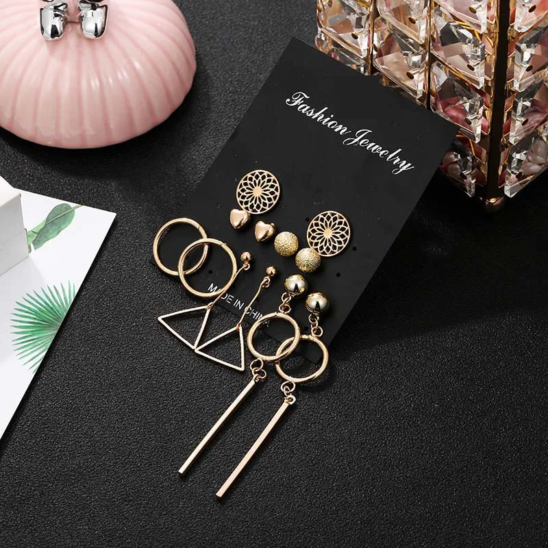 punk golden metal geometric round triangle hanging dangle earrings fashion hollow carved flower heart set for women | Украшения и