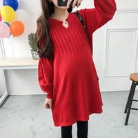 autumn winter korean maternity dresses casual fashion knit puff sleeve plus size dress women clothes for pregnancy clothing w005