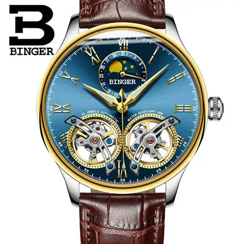 Gold blue B8606A br Двойной Tourbillon, швейцарские мужские часы, BINGER, оригинальные автоматические часы, мужские Модные механические наручные часы, кожаные часы - Цвет: Gold blue B8606A br