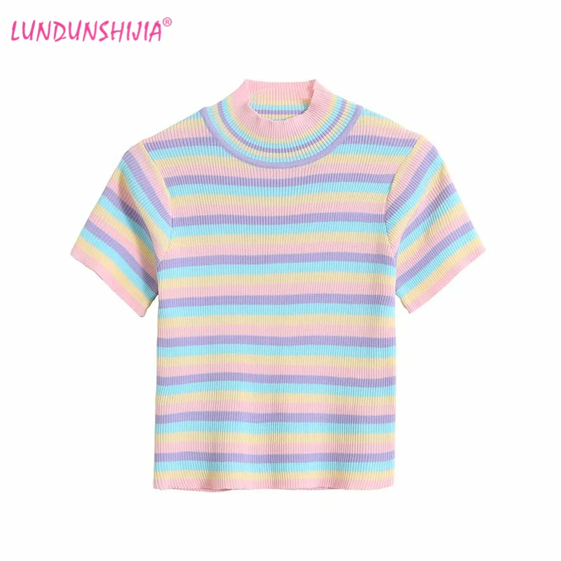 Женская трикотажная футболка LUNDUNSHIJIA черная облегающая с коротким рукавом в