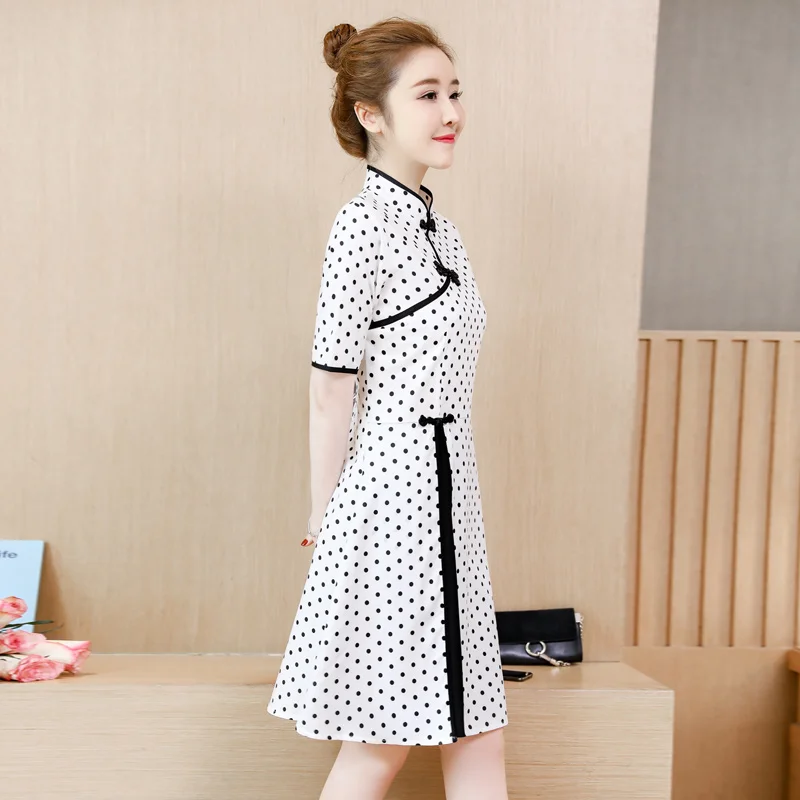 Элегантное винтажное китайское платье Ципао в белый горошек, улучшенное качество, вечерние платья Ципао, традиционное Повседневное платье для девочек Qi Pao, лето - Цвет: photo