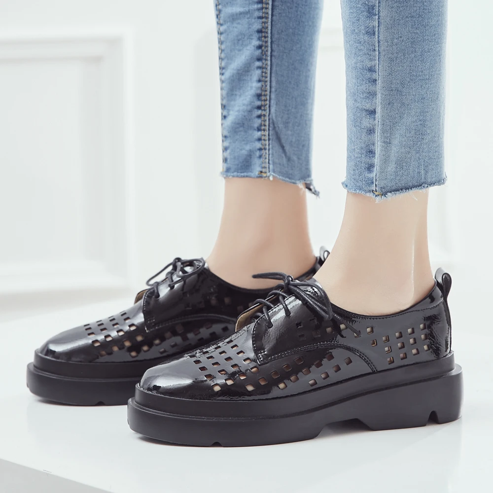 

FOREADA Autumn Flats Women Shoes Natural Genuine Leather Cutout Flat Platform Shoes Cow Leather Round Toe Lady Shoes Size 34-39