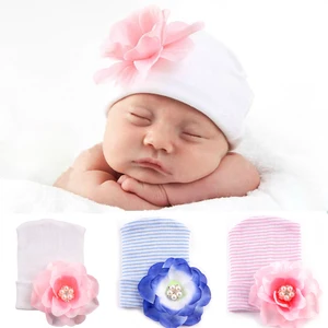 Детская весенняя шапка, мягкая шапочка для новорожденных, Женская хлопковая вязаная шапочка с большим цветком для девочек, полосатые шапки, аксессуары