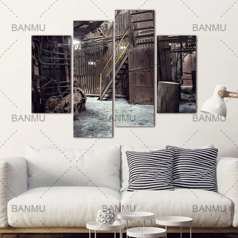 

Decoration for living room canvas painting wall 4 Panel Wall Art Abandoned Factory Industrial Background Machine Messy Painting