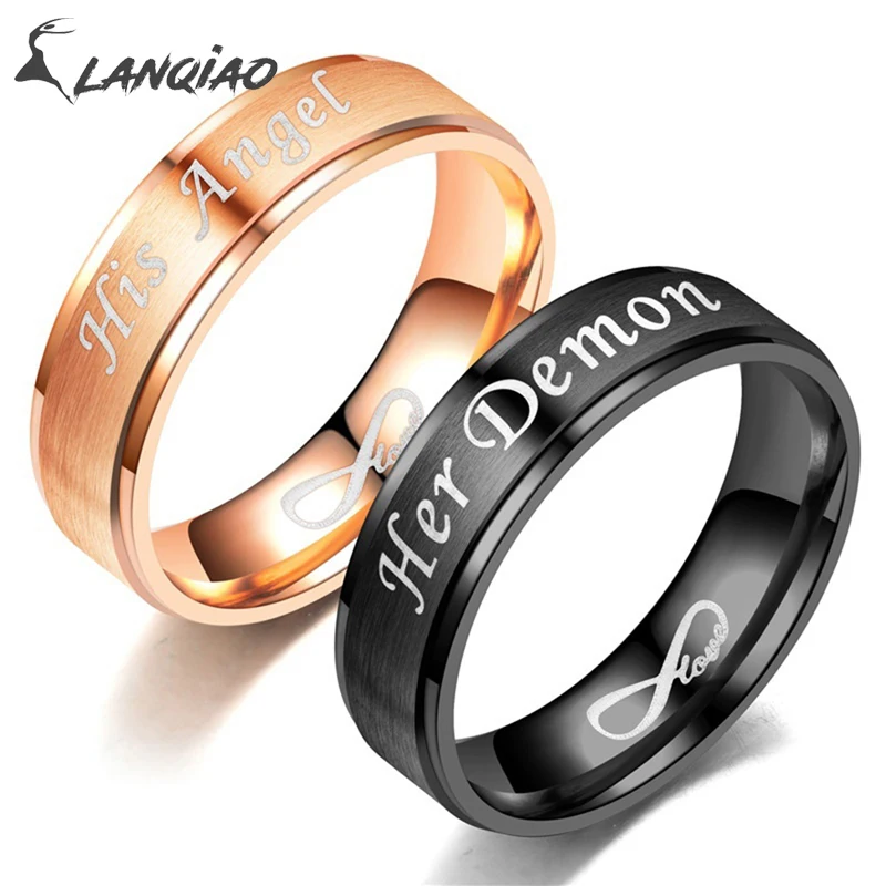 Мужское и женское кольцо Infinity Love Her Demon His Angel с голубыми буквами ширина титановой