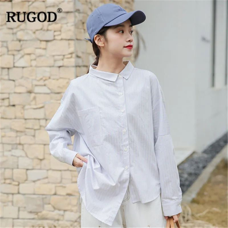 RUGOD Female Long Sleeve Blouse Women striped breasted shirt Casual Office Lady turn down collar top Autumn Blusa |