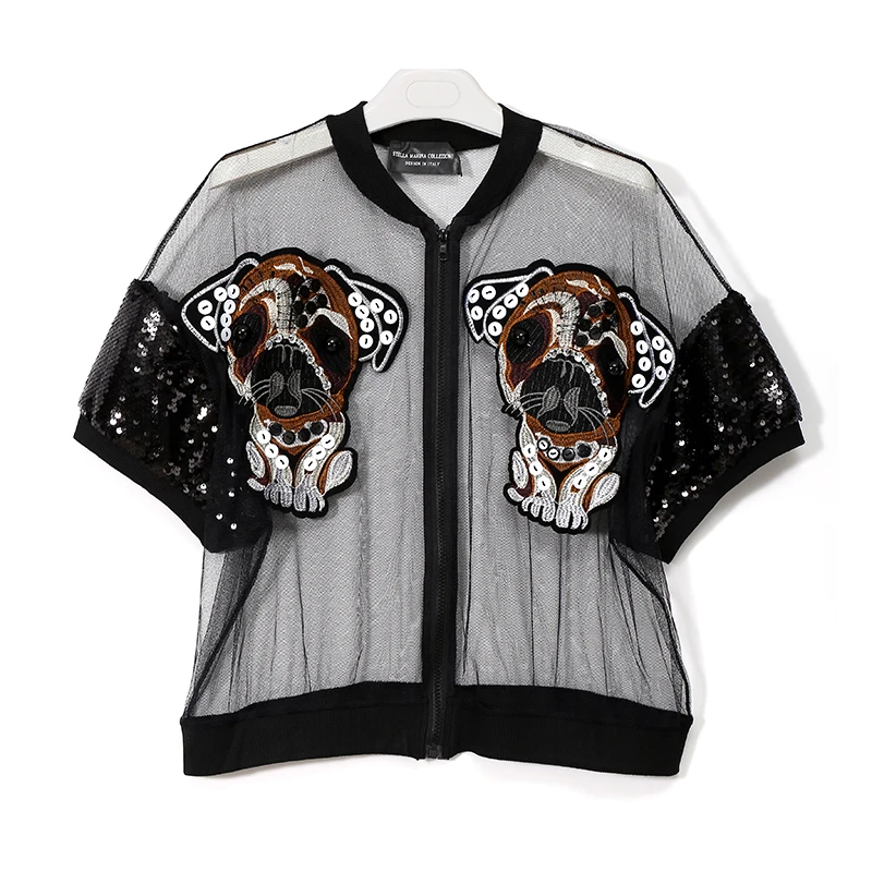 2018 European Women Summer Black Mesh Blouse Half Sleeve With Sequin Zipper Dogs Patch Girls Stylish Shirt Cool Street Wear 3396 |
