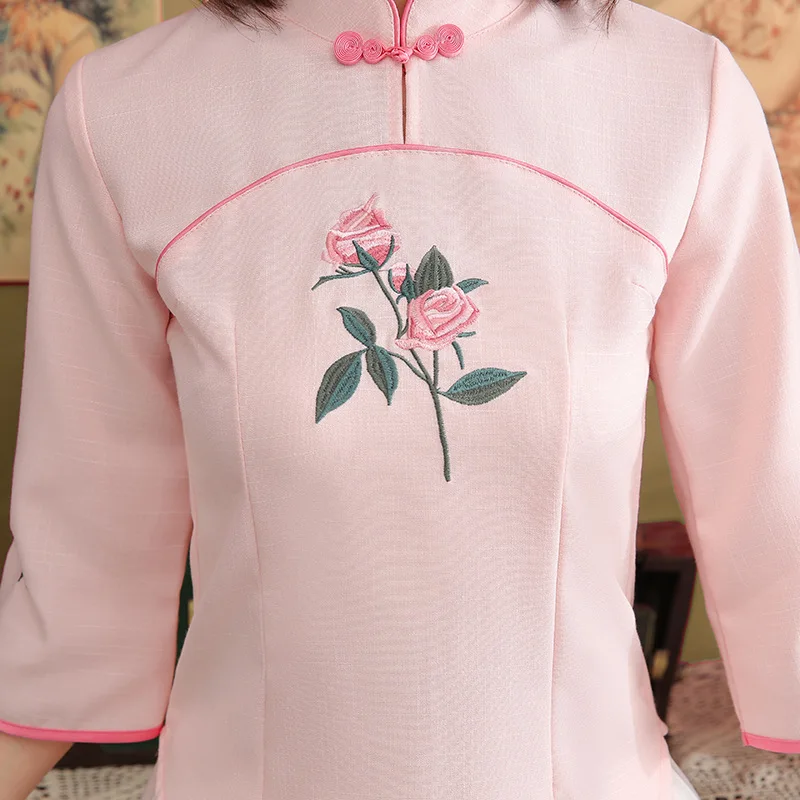 Новая улучшенная версия платья Чонсам китайский hanfu Женский три четверти рукав цветок вышивка Двухсекционный размер S-3XL