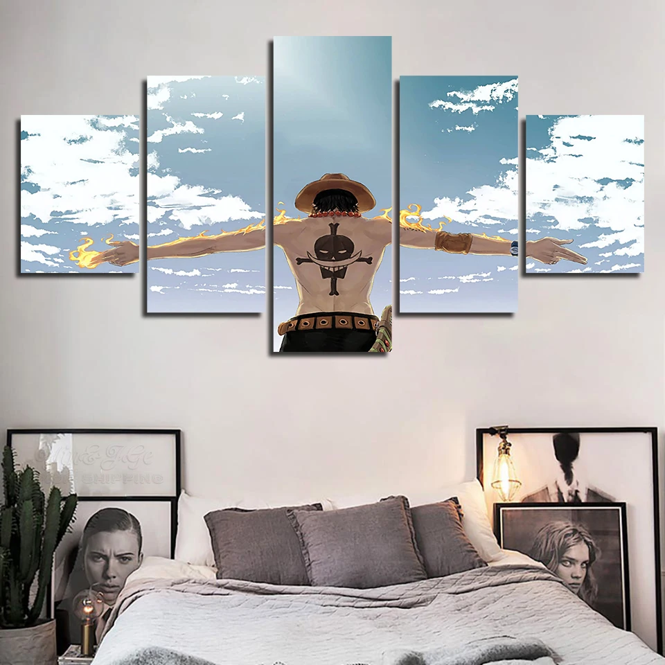 Модульная Картина на холсте с принтом 5 шт. Аниме One Piece Cloud Fire Wall Art HD картины аниме