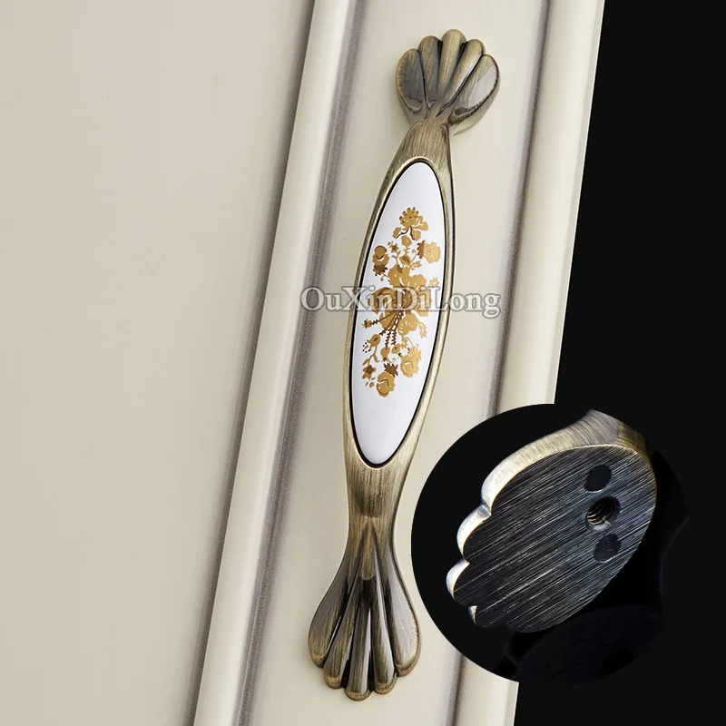 Европейский 2 шт Бронзовый керамический Печатный кухонный шкаф дверные ручки