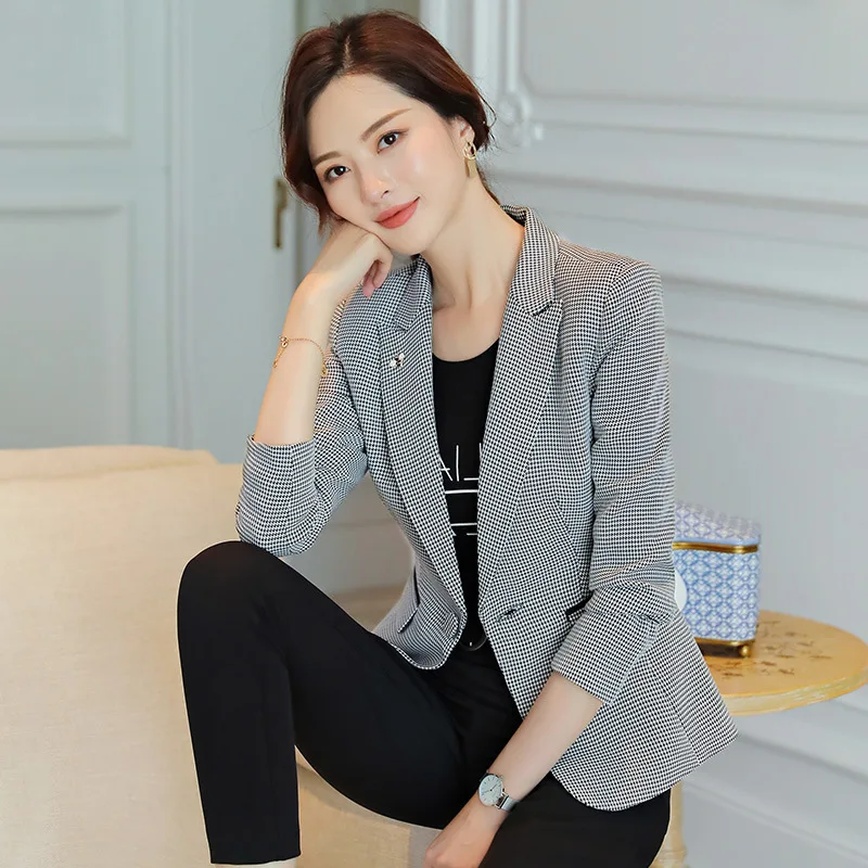 

2020 Korean Spring Autumn New Chic Office Lady Casual Houndstooth Plaid Blazer Jacket Gray 3XL 4XL Plus Size Business Suit V811