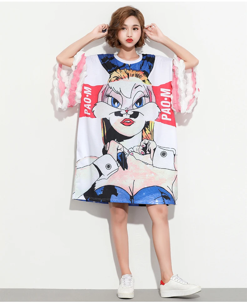 Лето 2019 красивая печать сшивание кружевной рукав модная свободная облегающая