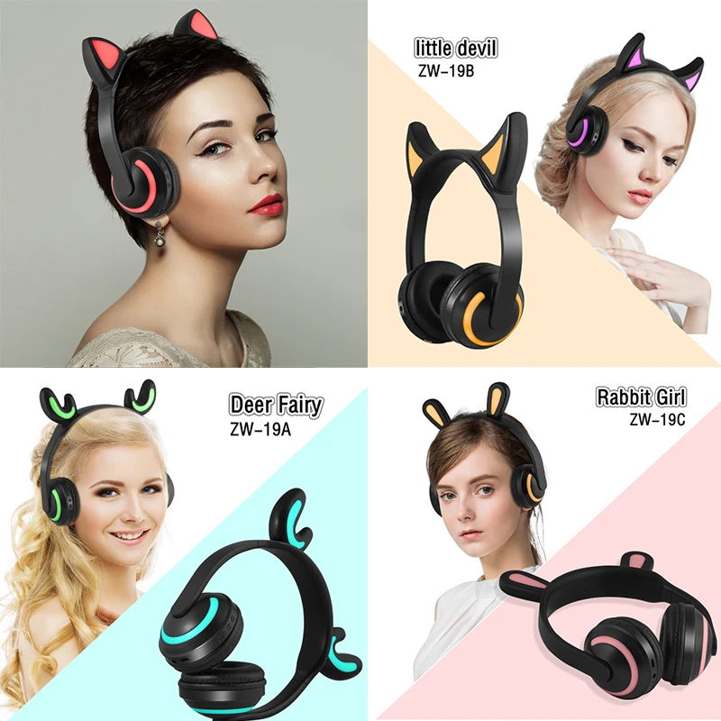 Nasin ZW-19 Bluetooth стерео кошачьи наушники мигающие Светящиеся 7 цветов светодиодный светильник игровая гарнитура для ПК ноутбука компьютера телефона