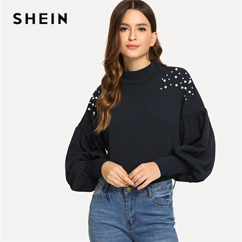 SHEIN, темно-синий, элегантный, элегантный, с вырезом, украшенный жемчугом, с заниженным плечом, однотонный свитшот, осень, Повседневный, для кампуса, женские толстовки